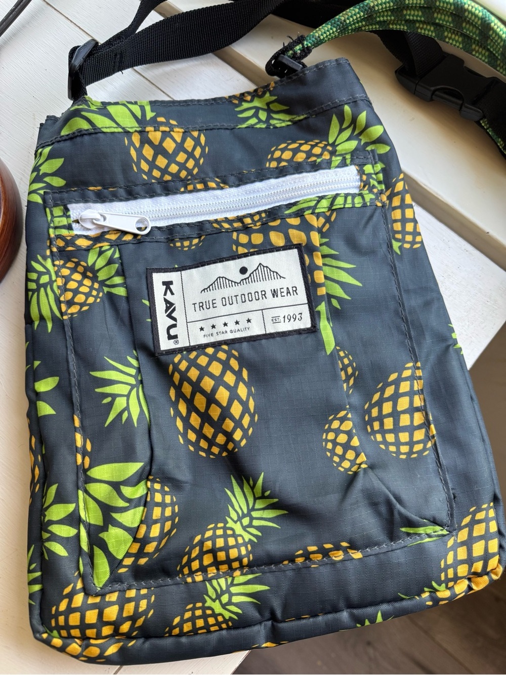 Kavu Crossbody Bag, Navy with Yellow Pineapple Print and Green Leaves